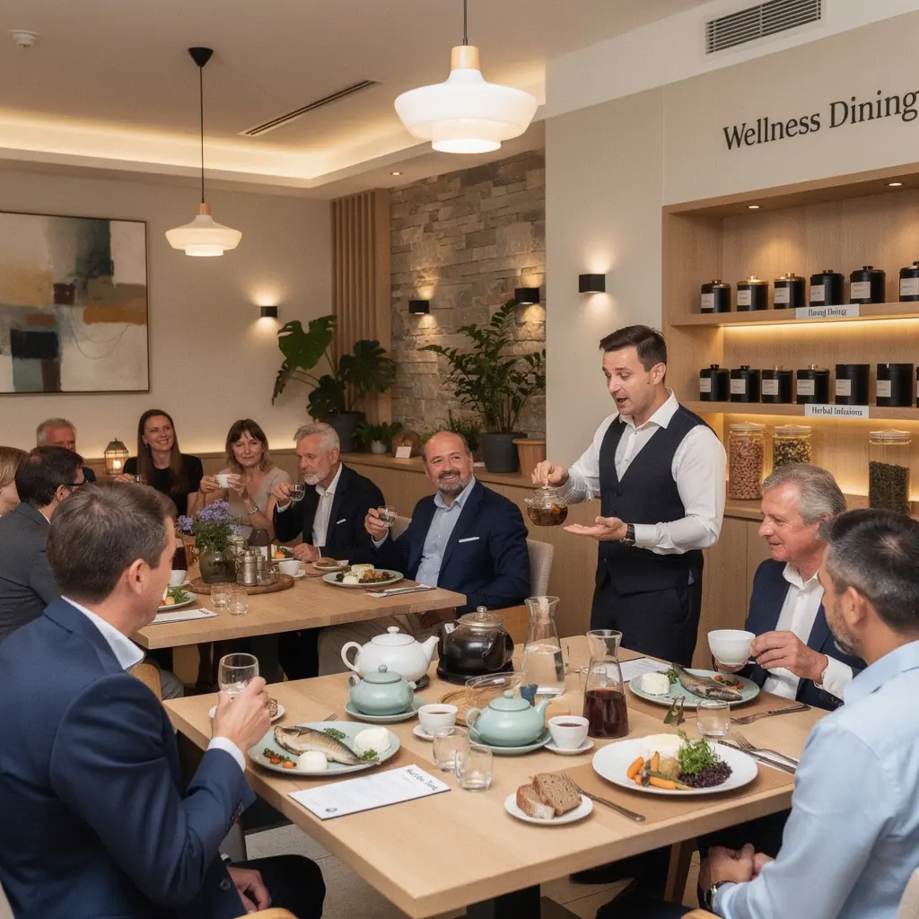 Kvetinová kompozícia s bylinkami a sušenými kvetmi okolo šálky čaju