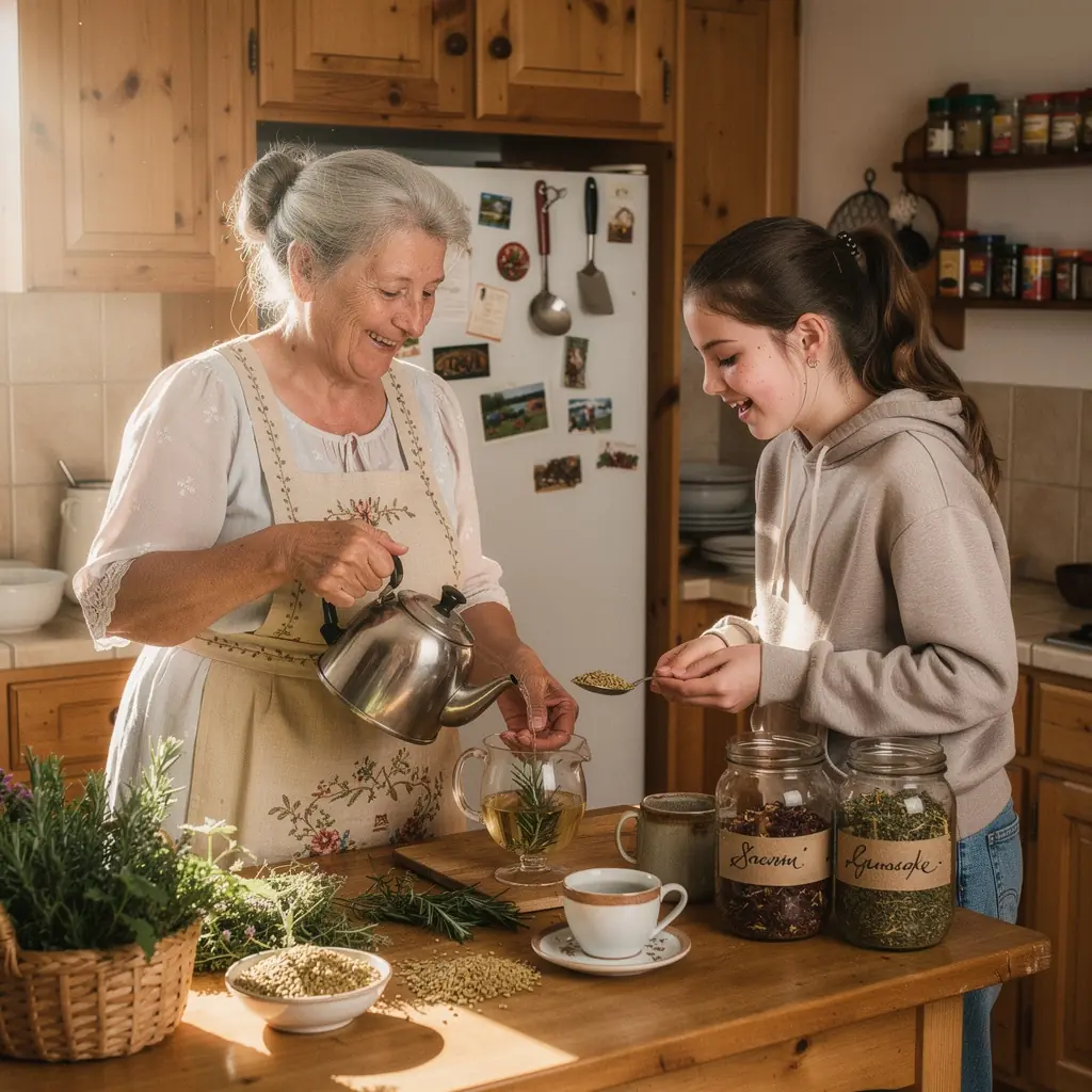 Teplá šálka čaju s bylinkami na okne s výhľadom na prírodu v pozadí