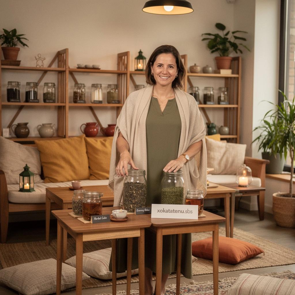 Šálka bylinkového čaju na drevenom stole s relaxačným prostredím.